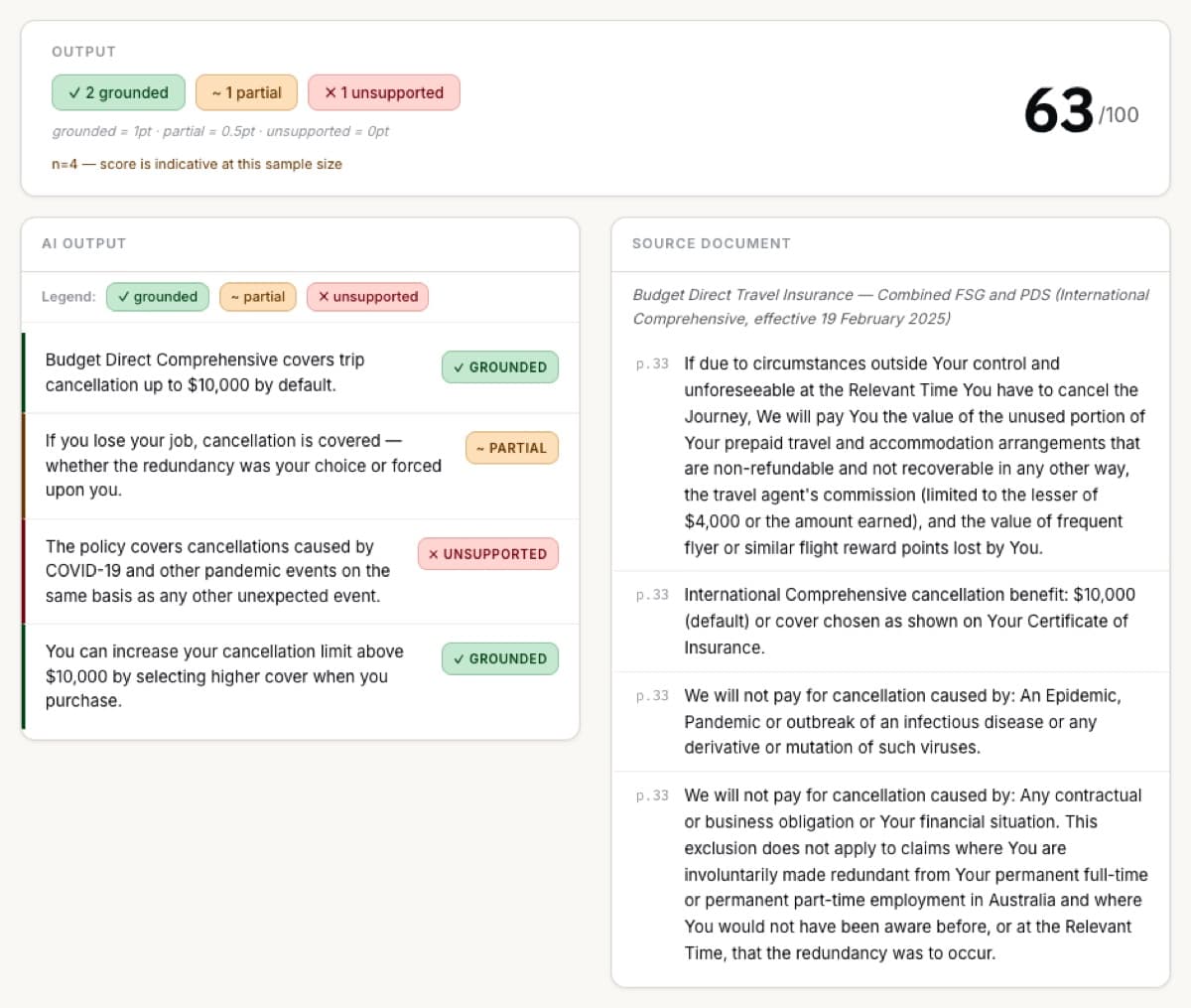Two-pane inspector: claims on the left, source document on the right