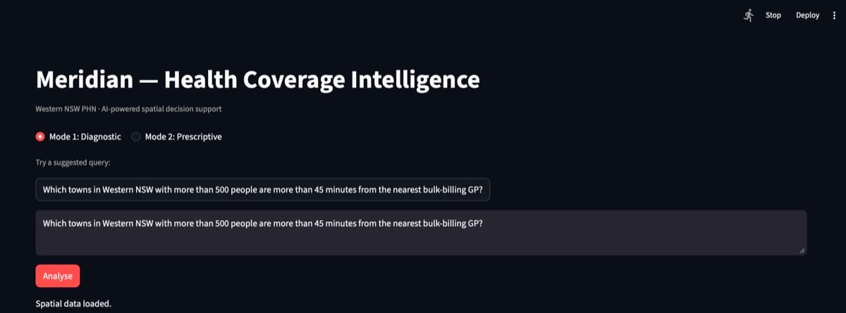 Meridian Streamlit interface showing text input, mode toggle and suggested queries