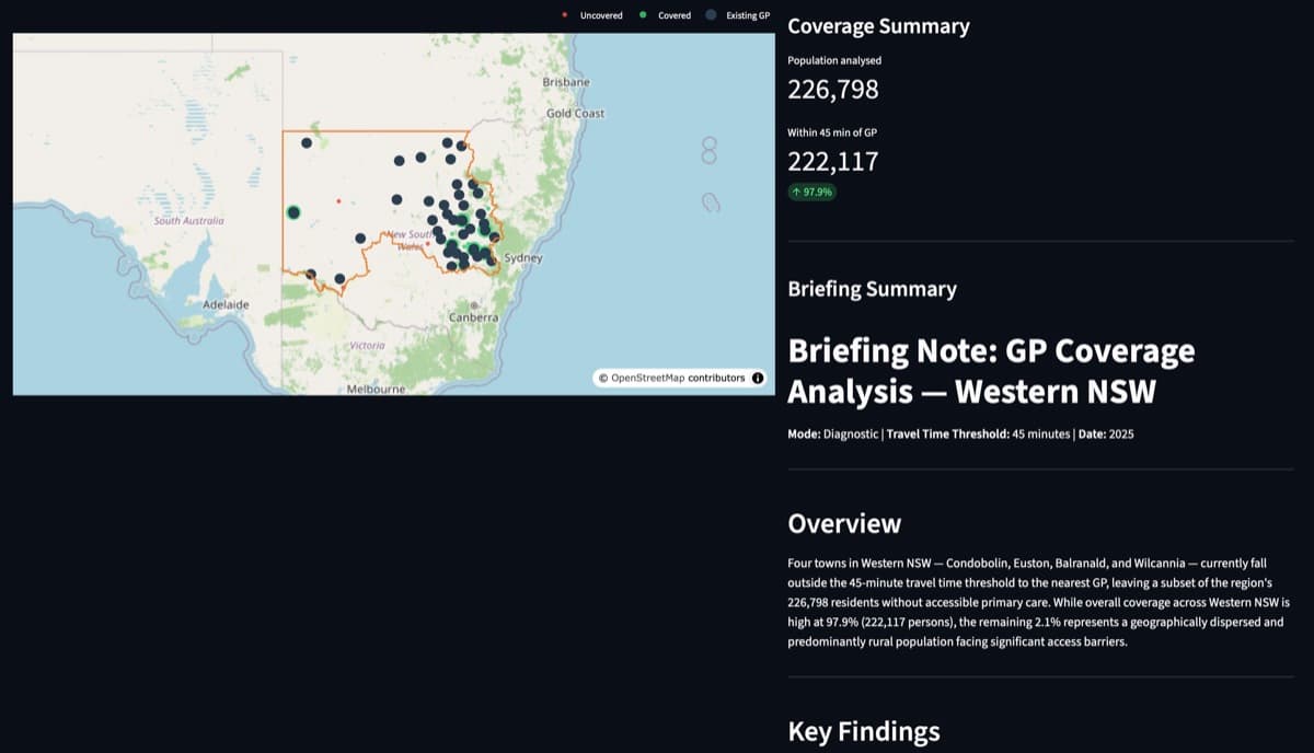 Mode 1 result: choropleth coverage gap map for Western NSW PHN