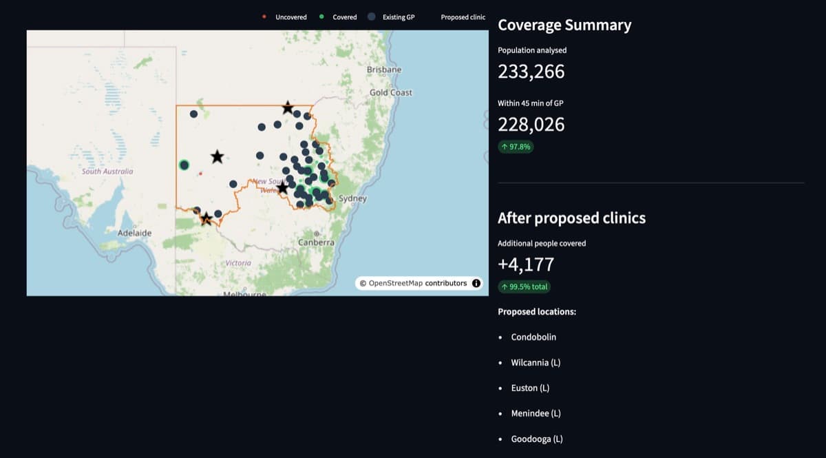 Mode 2 result: map with optimised clinic locations and proposed markers