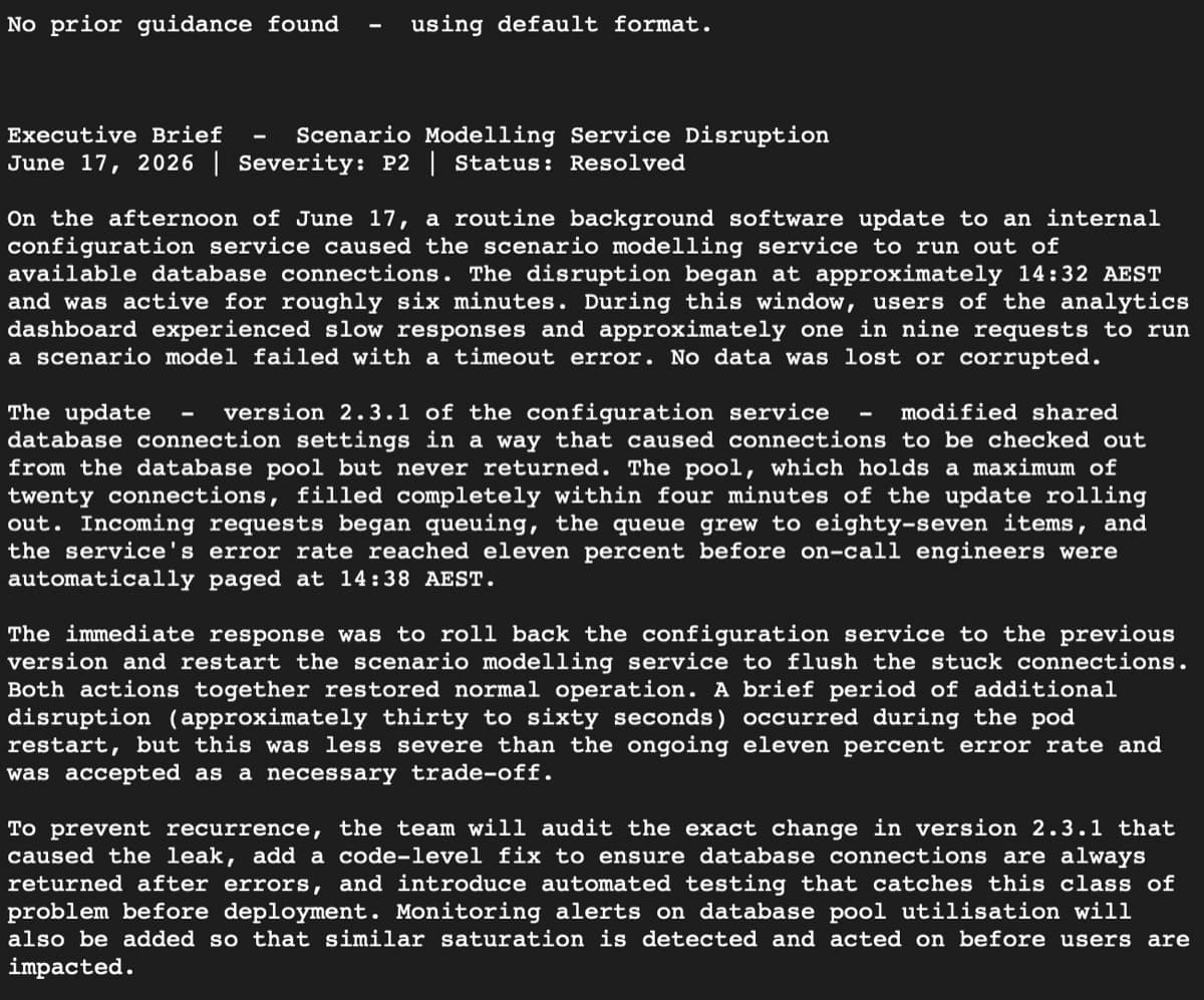 Run 1 Comms draft: verbose default format before operator correction