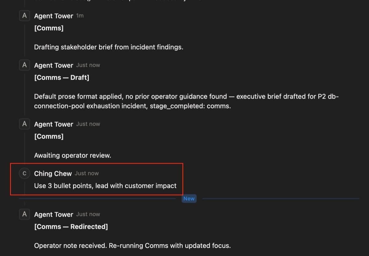 Operator comment on Comms card: 'use 3 bullets lead with customer impact'