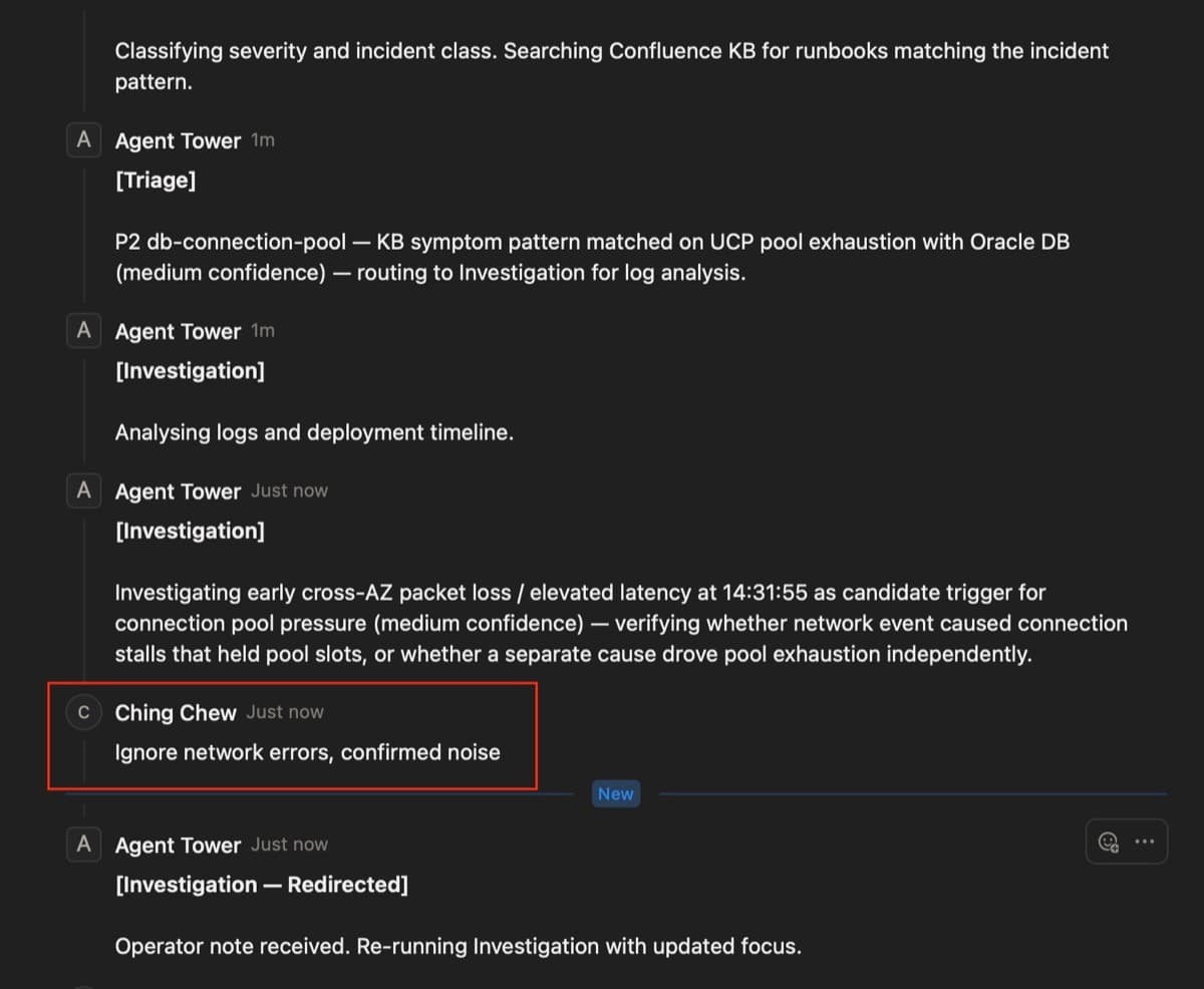 Notion card showing operator comment redirecting Investigation away from the network hypothesis