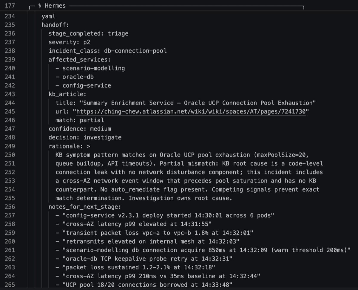 Triage stage YAML structured output: severity, class, KB match and decision