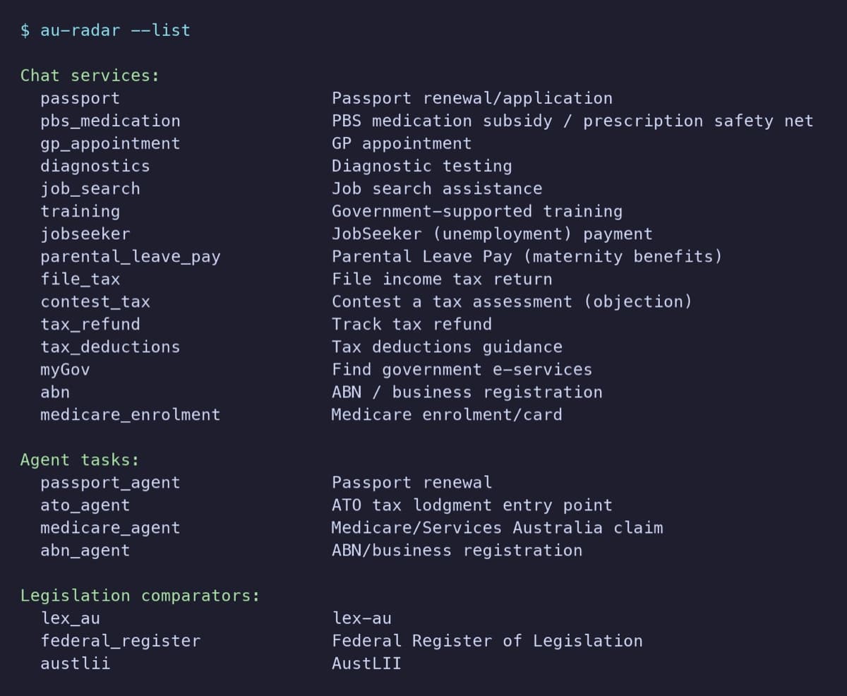 au-radar --list showing the bundled catalogue