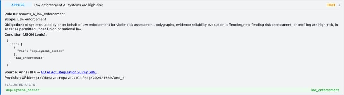 A rule expanded to show its JSON Logic condition, source provision and codifiability badge