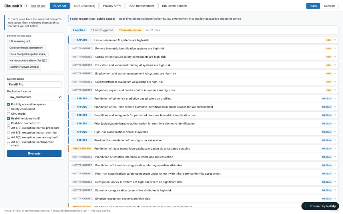 ClauseKit sandbox: EU AI Act rules evaluated against a facial-recognition scenario