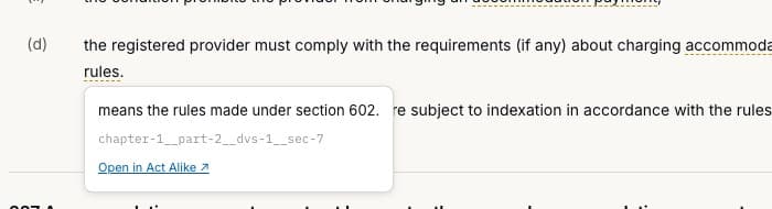 A defined-term tooltip with an "Open in Act Alike" link