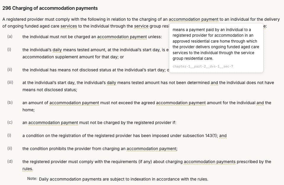 Section 296 of the Aged Care Act 2024 in Lex AU Explorer, with the definition of "accommodation payment" shown in a tooltip