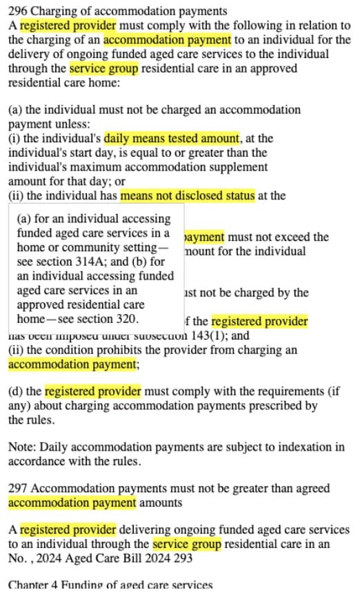 Proof of concept from January 2025: defined terms highlighted in section 296 of the Aged Care Bill 2024, with the definition shown on hover